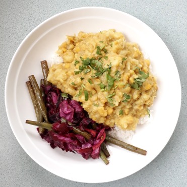 Cauliflower dahl served with basmati rice and sauteed red cabbage and green beans